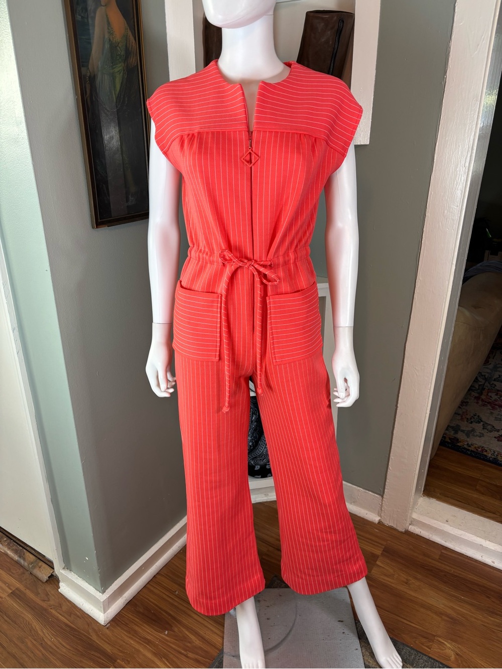 Vintage 70s Neon Coral Pinstripe Jumpsuit Flared Cropped Leg Polyester Medium M